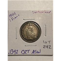 1944 Silver Switzerland 1 Franc .1342oz ASW Nice Coin