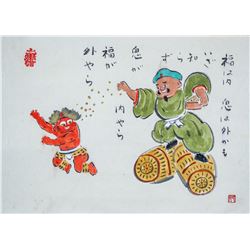 Japanese Watercolor Otsu-e Painting Paper Scroll