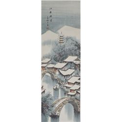 Mei Sheng Chinese Watercolor Winter Scene Scroll