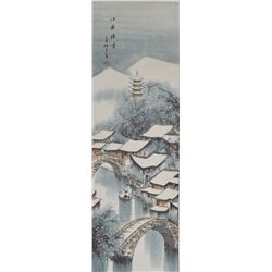 Mei Sheng Chinese Watercolor Winter Scene Scroll