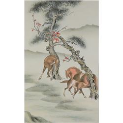 Chinese Watercolor Horse on Paper Scroll