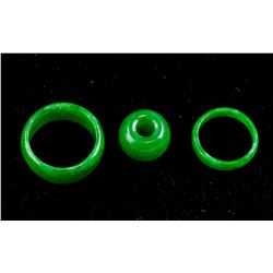 3 PC Burma Green Jadeite Carved Rings and Bead