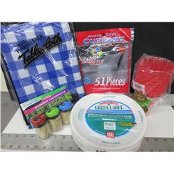 Camping Bundle of Goodies / Plates , Cutlery , Tablecloth , Cups & Toothpics