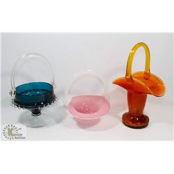 LOT OF 3 VINTAGE GLASS BASKETS