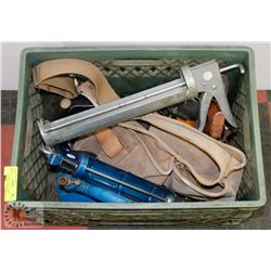 CRATE OF TOOLS, INCLUDES ELECTRIC DRILL, LEATHER