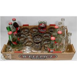 BOX OF COCA COLA GLASSES AND OLD COCA COLA BOTTLES