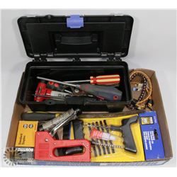 MISC TOOL LOT: INCLUDES TOOL BOX WITH TOOLS &