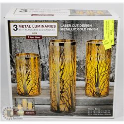 THREE METAL LUMINARIES W/FLAMELESS LED