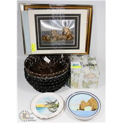 BUNDLE OF HAND PAINTED PLATES, ARTWORK, BASKETS,
