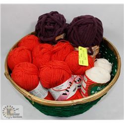 BASKET OF 11 BALLS OF YARN - COTTON, WOOL,