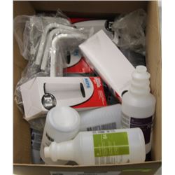 BOX WITH EMPTY SPRAY BOTTLES AND HEPA DIRT DEVIL