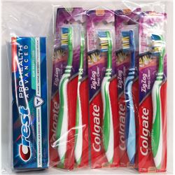 BAG OF COLAGTE TOOTHBRUSHES AND CREST TOOTHPASTE