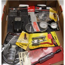 FLAT OF ASSORTED TOOLS INCL PRESSURE GAUGES, PULLY