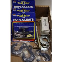FLAT OF ASSORTED TOOLS INCL ROPE CLEATS, HOOKS,