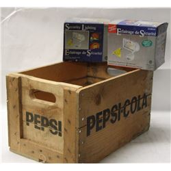 VINTAGE PEPSI CRATE WITH 2 SECURITY LIGHTS
