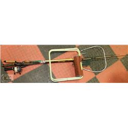 GROUP OF FISHING RODS, FISHING NET & STOOL
