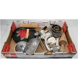 BOX OF ANTIQUE KITCHEN UTENSILS GRINDER.
