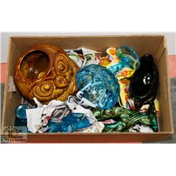 BOX OF ESTATE COOKIE JARS, COLORED GLASS AND
