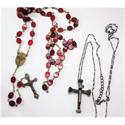 2)  FLAT RED GLASS ROSARY WITH CRUCIFIX &