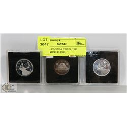 LOT OF 3 CANADA COINS, 1982 SILVER NICKLE, 1981,