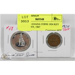 LOT OF 2 CANADA COINS 1924 KEY DATE PENNY, 1967