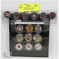 LOT OF ASSORTED COLORED QUARTERS, LOONIES AND