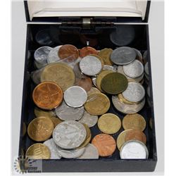 SEIKO BOX FULL OF ASSORTED WORLD COINS