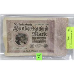1923 GERMAN 100,000 MARK BILL.