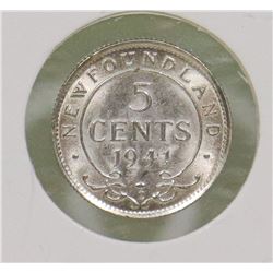 UNCIRCULATED NEWFOUNDLAND 1941 C SILVER 5 CENT