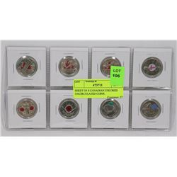 SHEET OF 8 CANADIAN COLORED UNCIRCULATED COINS.