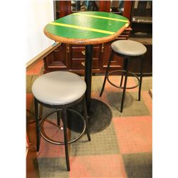 STAND UP BAR TABLE AND 2 STOOLS.