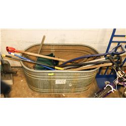 LARGE GALVANIZED BIN WITH YARD TOOLS