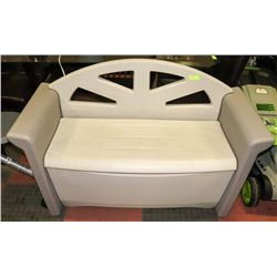 RUBBERMAID PATIO BENCH WITH STORAGE UNDER SEAT.