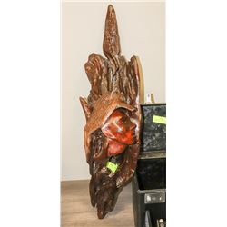 WOOD LOG CARVING OF AN INDIAN WARRIOR, 34" TALL