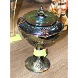 INDIANA BLUE CARNIVAL GLASS LIDDED CANDY DISH.