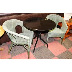 PATIO TABLE WITH 2 WICKER CHAIRS