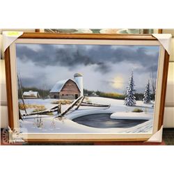 WINTER FARM SCENE OIL ON CANVAS SIGNED