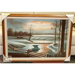 LOG CABIN SCENE OIL ON CANVAS SIGNED STEWART