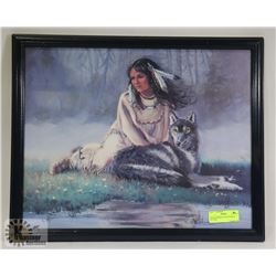 WOOD FRAMED NATIVE & WOLF PICTURE