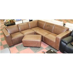 NEW BROWN RUSTIC LEATHER SECTIONAL WITH OTTOMAN