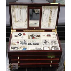 WOOD JEWELLERY BOX WITH CONTENTS