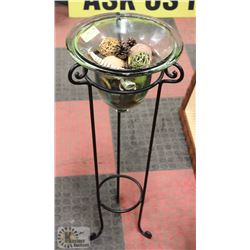 DECORATIVE GLASS BOWL ON METAL STAND