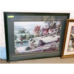 GREEN FRAMED AND MATTED PICTURE 43" X 34"