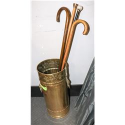 BRASS UMBRELLA/CANE HOLDER WITH 4 CANES.