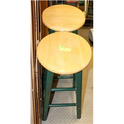 2 GREEN WOOD STOOLS