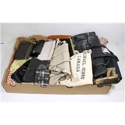 FLAT OF ASSORTED PURSES, WALLETS & MORE. INCLUDES