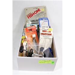 BOX W/NEW FISHING TACKLE, LURES, LINE AND