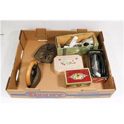 ESTATE LOT VINTAGE IRON, FOOD CHOPPER, RAZOR