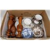 Image 1 : BOX OF ANTIQUE GLASSWARE AND WOOD CANDLE STICKS