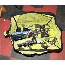 BAG OF RYOBI TOOLS INCL FLASHLIGHT, SANDER, 18V